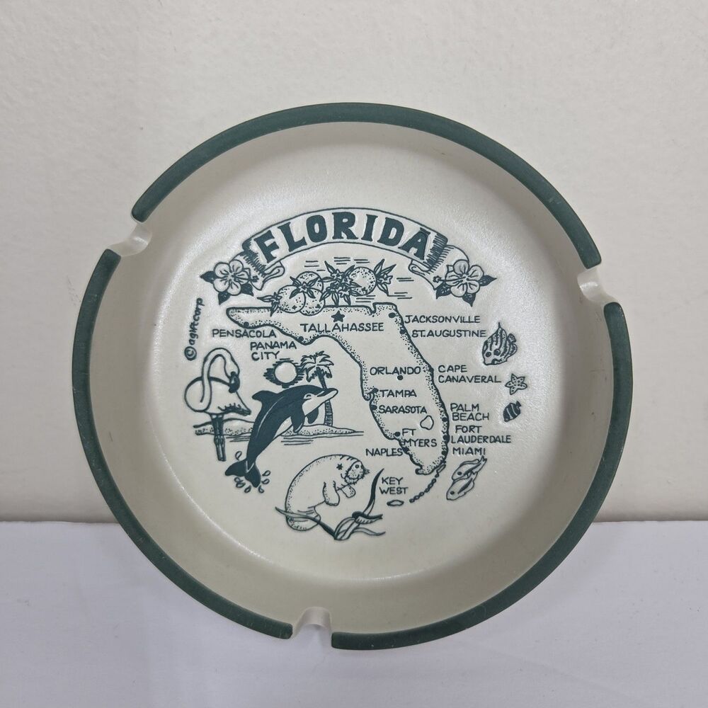 Vtg Florida Ashtray Small Round Japan Green Trim Beach Vacation Coastal Novelty